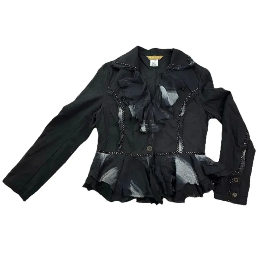 Vtg Seandara Gothic Romance Women M Black Appliqué Jacket Ruffle 90's Y2K Witchy